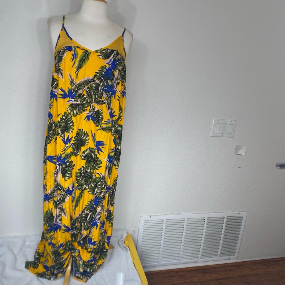 Cinthy Q Womens Gold Blue Tropical Leaf Maxi Dress Size Medium Bohemian Beach